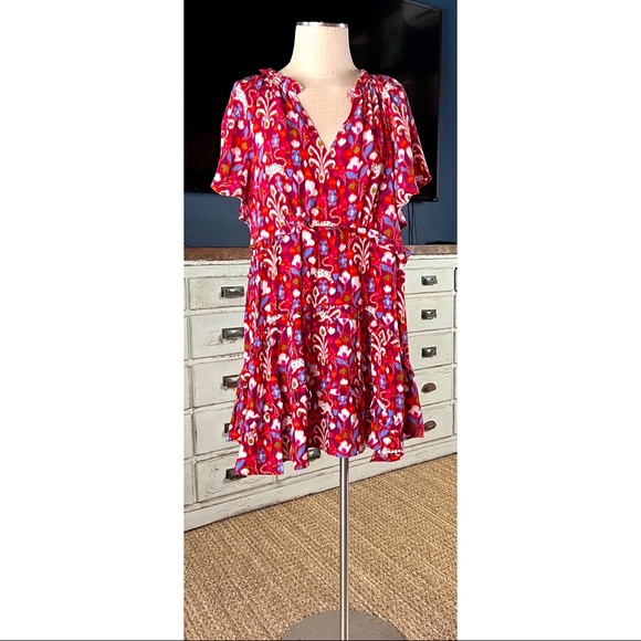 Anthropologie Robin Tiered Whimsical Cat Red Mini Dress L - Picture 11 of 12